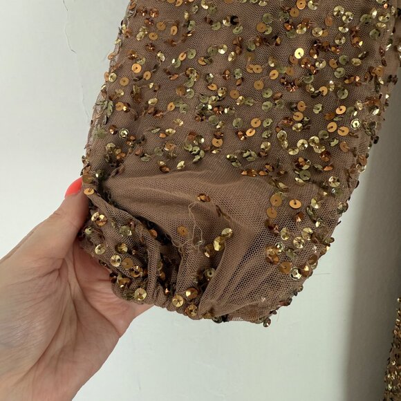 NWT Mac Duggal #10791 Long Sleeve V-Neck Sequin Gown Dress Bronze Size 2 NEW - Picture 8 of 16